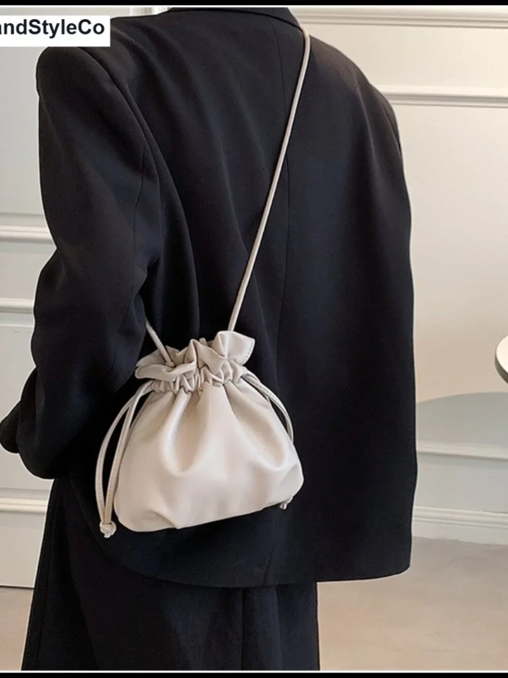 Small Faux Leather Drawstring Bucket Bag Crossbody Hobo Satchel Purse